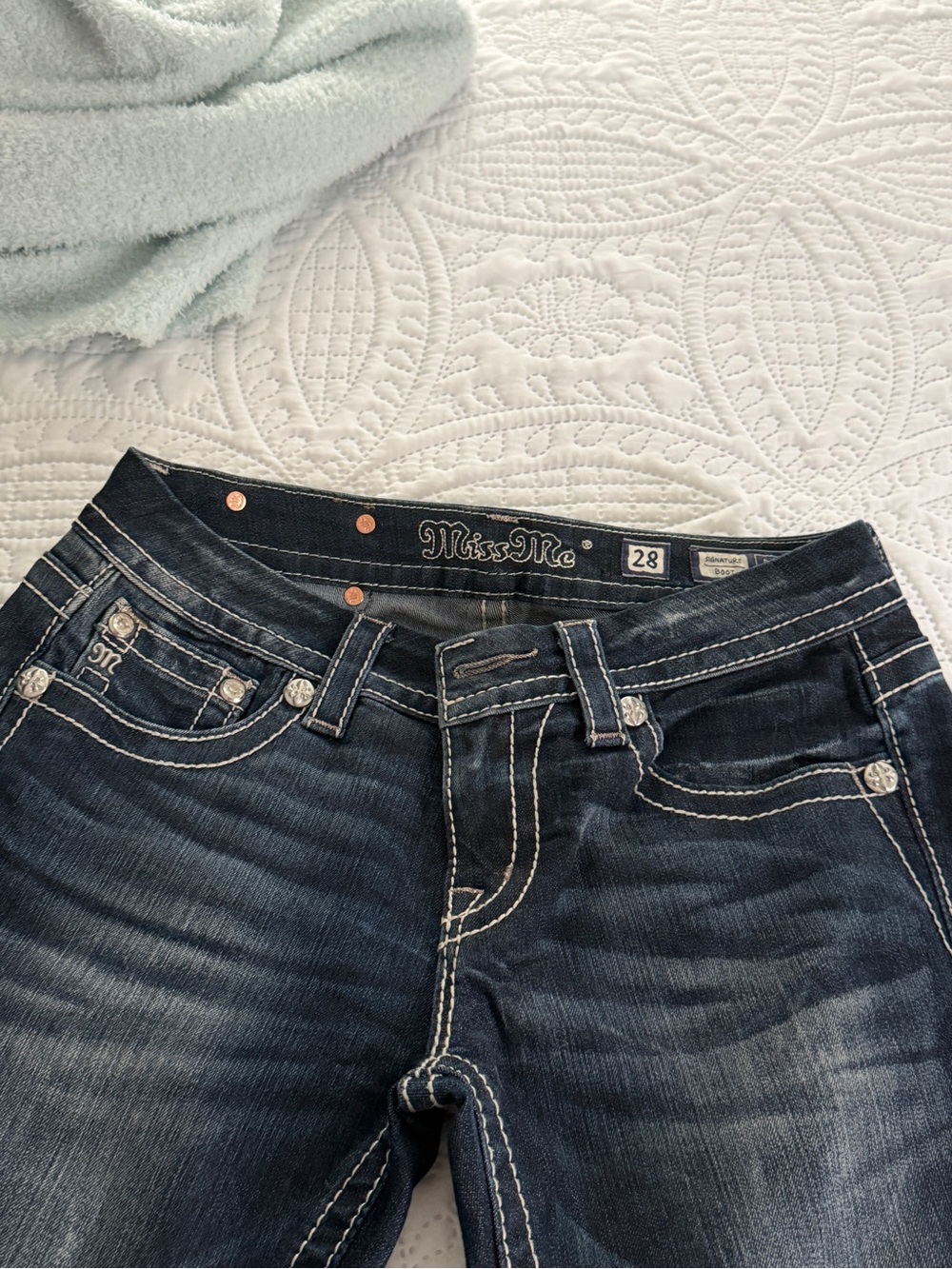 Miss Me Dark Indigo Jeans with White Contrast Stitching